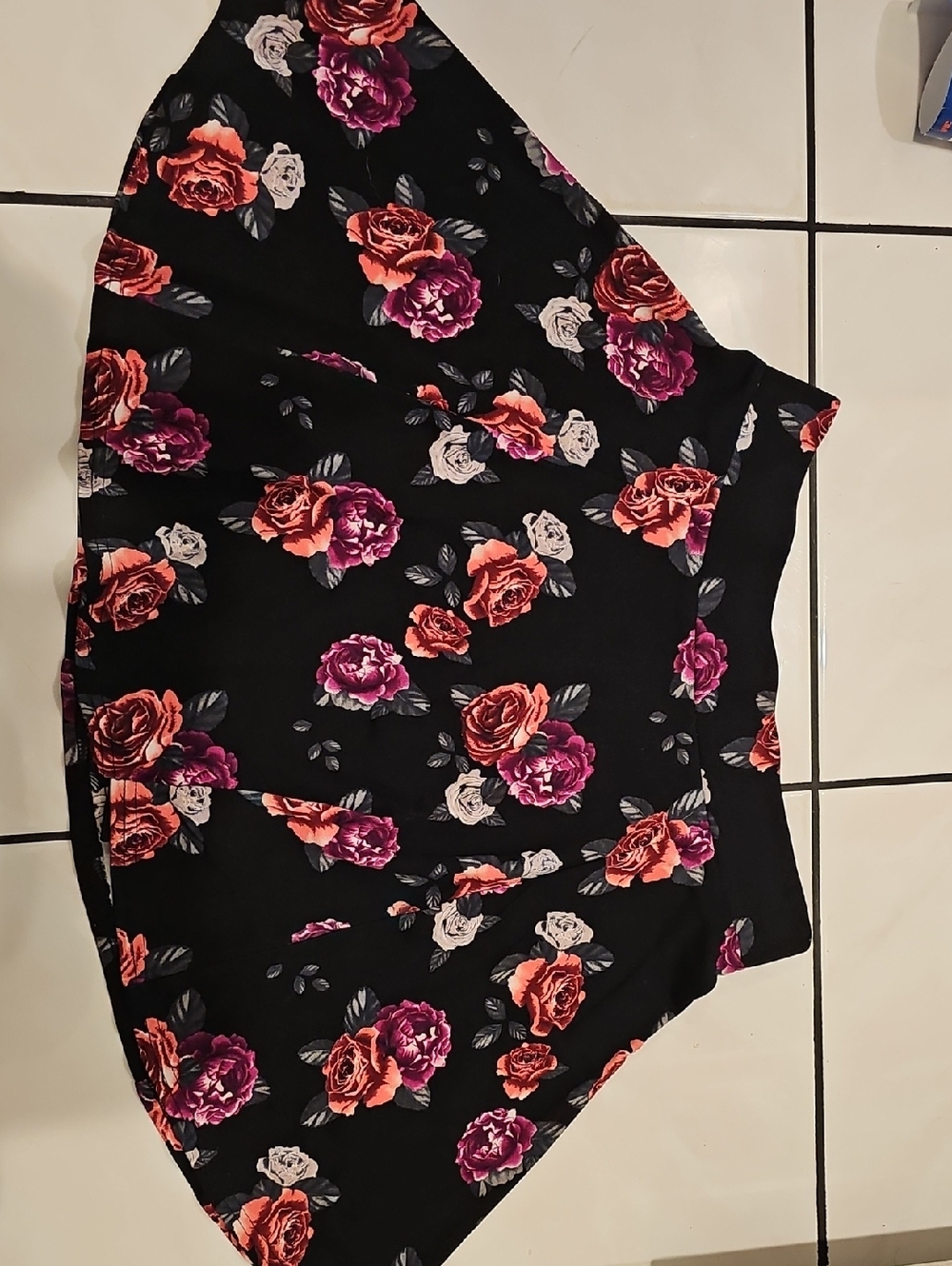 Divided Black Floral Skater Skirt with Pink, Purple & Orange Roses